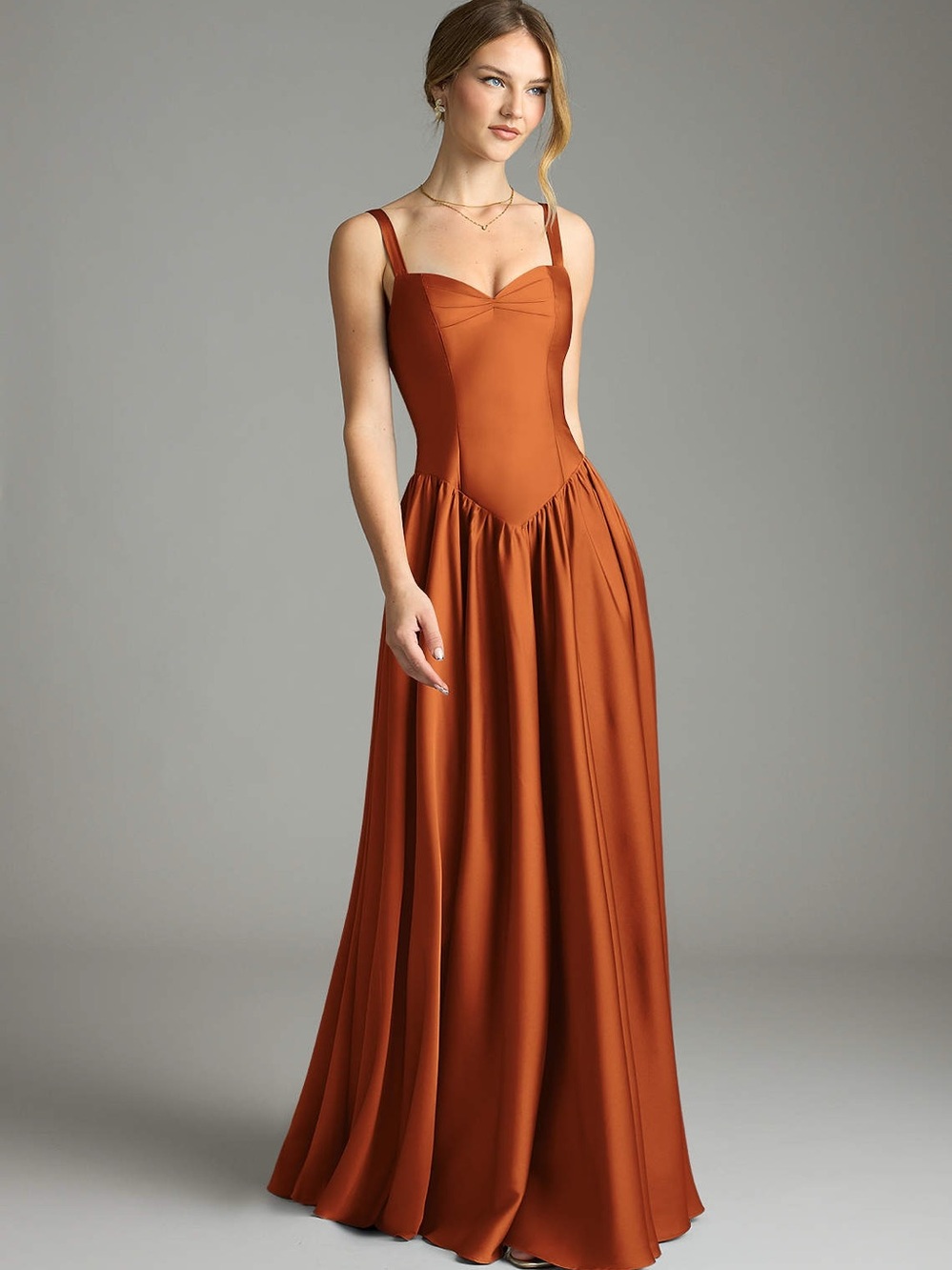 Azazie Rust Satin Maxi Dress with Spaghetti Straps